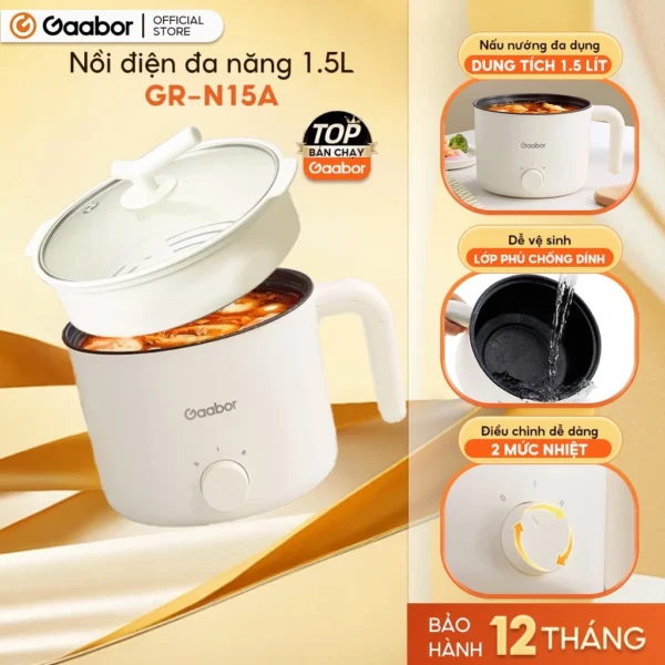 Nồi điện đa năng Gaabor GR-N15A lẩu điện 1.5L chống dính công suất 600W ăn mì nấu lẩu kèm xửng hấp
